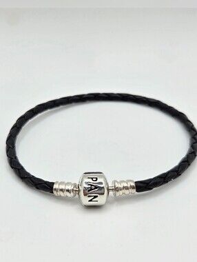 Pandora Moments Black Braided Leather Bracelet with Sterling Silver Size 7.5